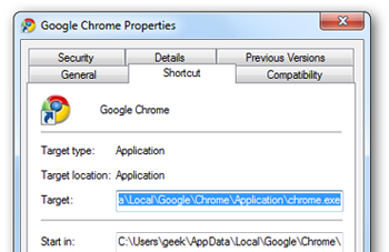 cible du raccourci chrome